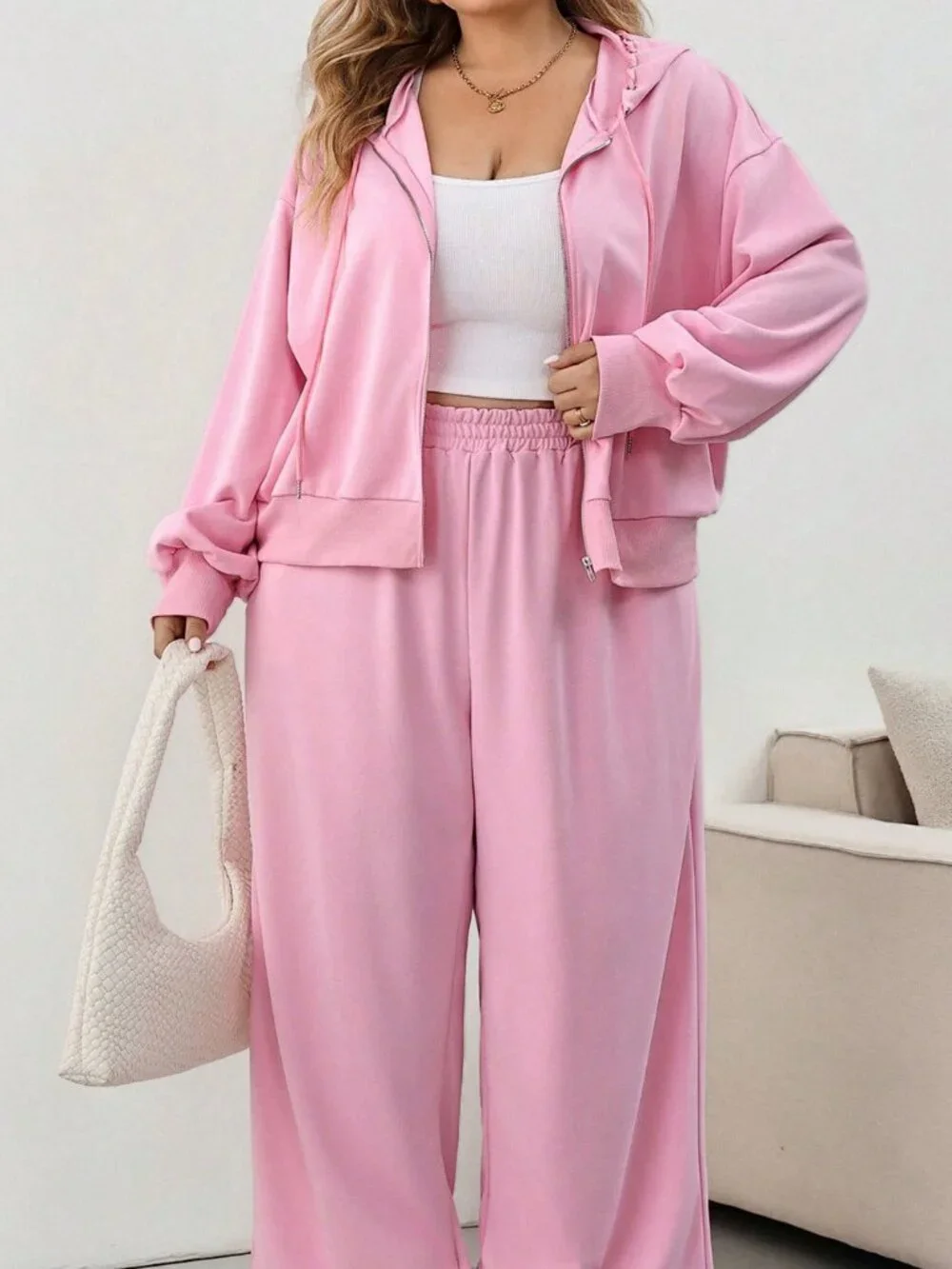 Pink Casual Women's Loose Hooded Zip-Up Drawstring Pocket Cropped Sweatpants Set